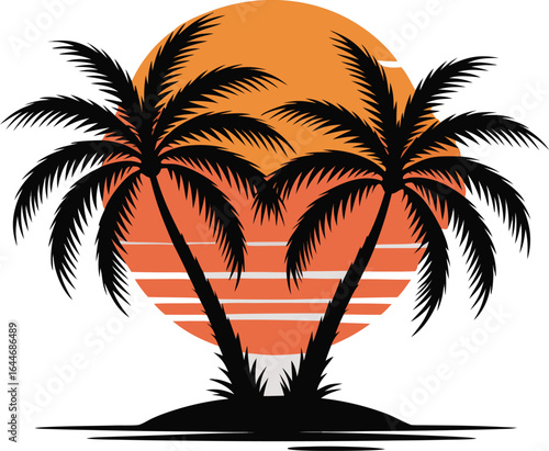 Illustration of Two Palm Trees Silhouetted Against an Orange Sun with Text Palm Paradise