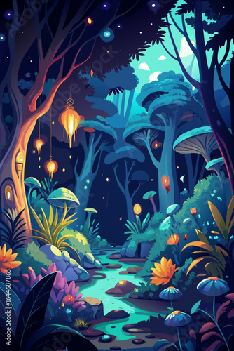 Enchanting nocturnal forest scene alive with glowing flora and mystical mushrooms, a magical pathway winding through vibrant, dreamlike foliage under a starlit sky, perfect for fantasy themes.