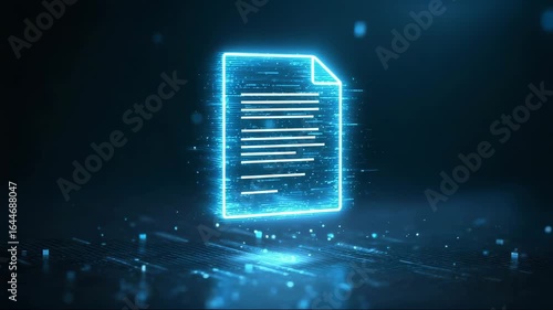 Digital document with glowing lines on dark background, representing office workflow and file transfer concept  