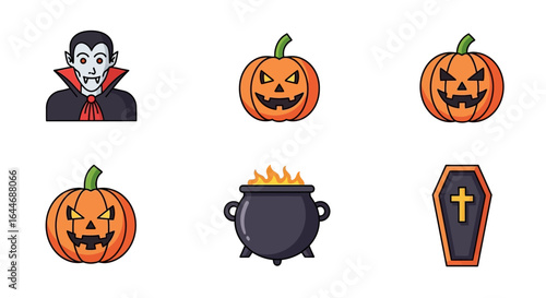Halloween Icons Vampire, Pumpkins, Cauldron, and Coffin