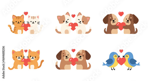 Collection of cute cartoon animal couples for Valentine's Day. Vector set of adorable cats, dogs, and birds in love holding a red heart.