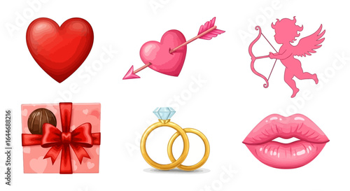 Essential vector collection of charming love and romance icons, perfect for Valentine's Day, anniversaries, and special occasions, showcasing hearts, cupid, rings, gifts, and expressive lips.