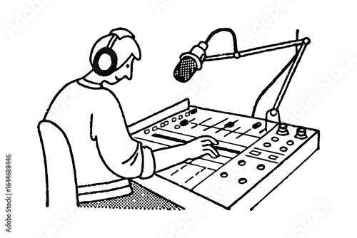 Person wearing headphones at a sound mixing board with a microphone