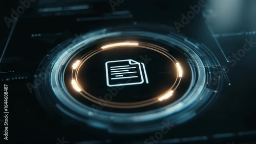 Digital document icon with futuristic interface design in blue, representing office workflow and file transfer concept