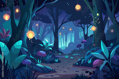 Enchanting twilight forest path illuminated by magical glowing lanterns and mystical mushrooms, creating a serene and whimsical atmosphere for fantasy stories and dreamy designs.