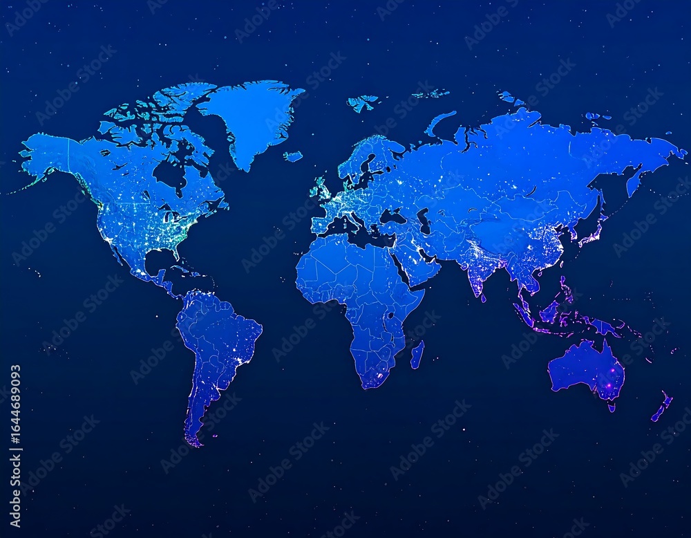 Fototapeta premium A stylized world map in shades of blue, depicting varying data densities across continents
