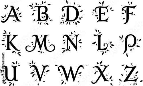 Decorative Floral Alphabet – Stylish Black Letter Set vector bundle