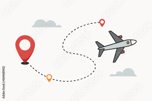 Airplane Flying From One Location Pin To Another Via Dotted Line Route
