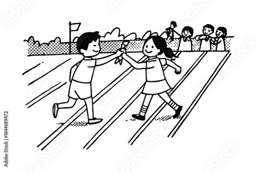 Children playing a relay race with a baton on a sports field