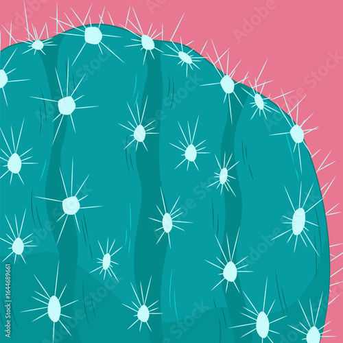A colorful illustration of a green cactus with sharp white spines against a pink background.