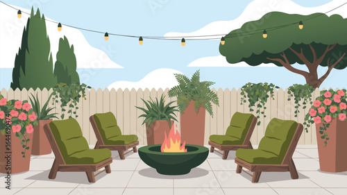 Outdoor Patio Fire Pit, Green Chairs, Plants, String Lights, Relaxing Backyard View