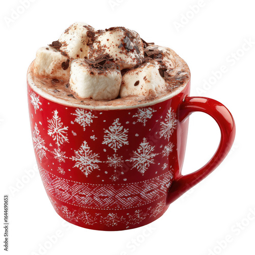 A mug of hot chocolate top with marshmallow and coco powder, Christmas theme mug, isolated [Transparent Background PNG].