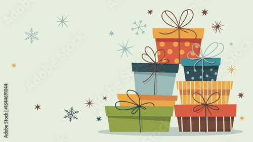 Happy Birthday Greeting with Stacked Gift Boxes and Wintery Star Decorations for Celebrations