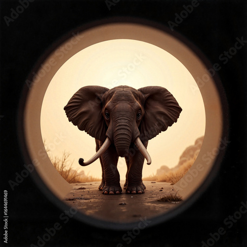 Realistic elephant standing on a path through a circular opening, warm sunset background, wildlife theme