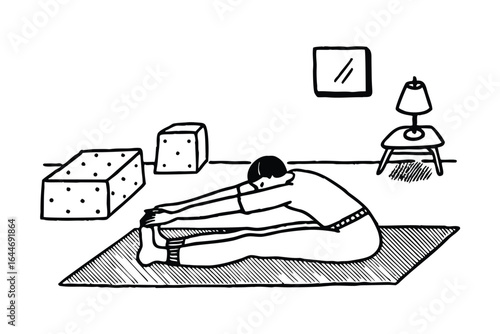 Woman practicing yoga stretching on a mat in a bright room