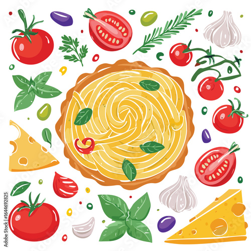 Italian pasta dish with tomatoes basil cheese and garlic ingredients spaghetti fettuccine