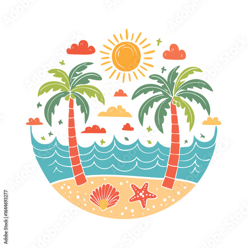 Two palm trees on a sandy beach with ocean waves and a bright sun vector