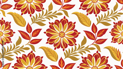 Seamless floral pattern with red yellow and gold flowers and leaves background wallpaper