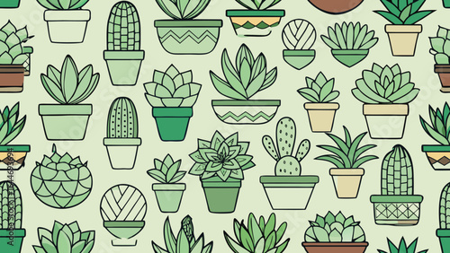 A seamless pattern of various green potted succulents and cacti cactus potted plant