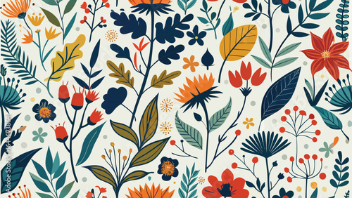 Seamless pattern of abstract floral and leaf motifs in muted colors botanical nature