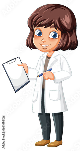 Cartoon Female Scientist Holding Clipboard and Pen