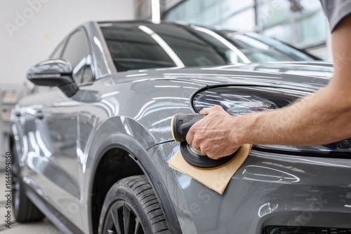 Close-up of a car detailer using a polishing machine on a grey SUV