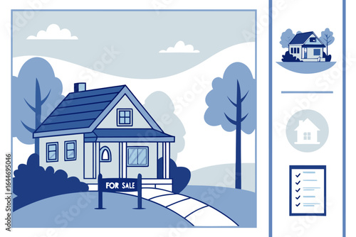 Charming blue and white illustration of a suburban house with a for sale sign set against a backdrop of trees and clouds