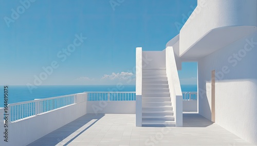 A minimalist white rooftop terrace overlooks a calm ocean under a bright blue sky; white stairs lead to an upper level with a door, casting shadows on the sun-drenched scene