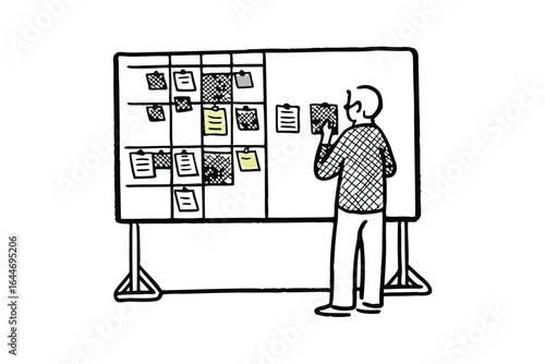Hand arranging sticky notes on a digital wireframe for user interface design