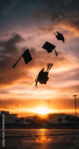 Silhouetted graduation caps tossed into a vibrant sunset sky, against a blurred city backdrop