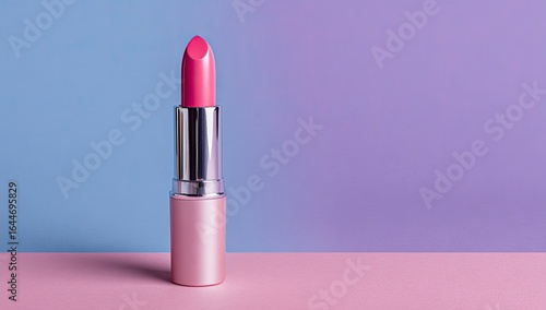 A single pink lipstick stands upright against a pastel blue and purple background on a pink surface.  The lipstick tube is metallic rose gold