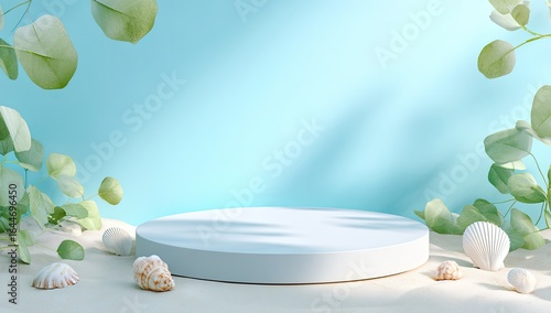 A minimalist 3D render of a white circular platform on light sand, surrounded by eucalyptus leaves and seashells against a light blue background, bathed in soft sunlight
