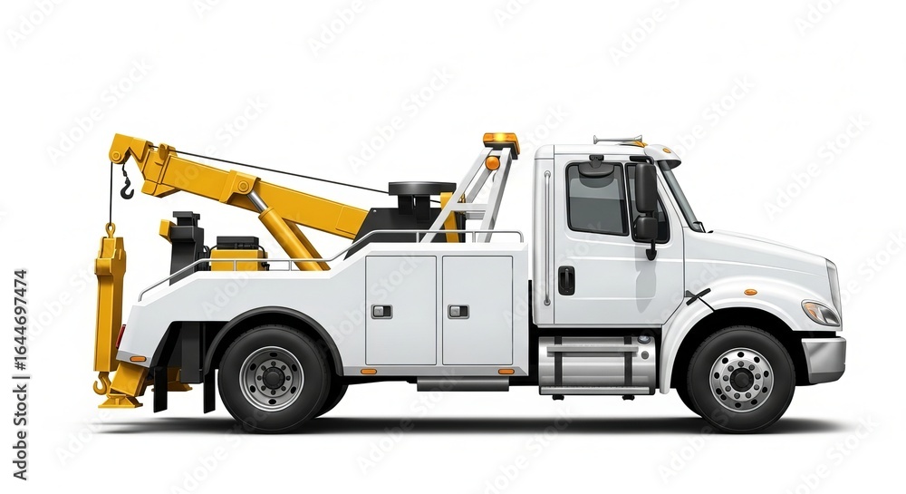 Fototapeta premium White tow truck with yellow boom isolated on white background for roadside assistance
