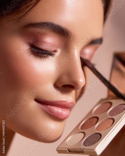 Closeup of a young woman using eye shadow palette smooth radiant skin natural beauty look soft lighting isolated on a pastel background premium cosmetic photography