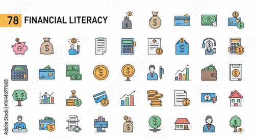 Collection of colorful, outlined icons representing various financial literacy concepts.