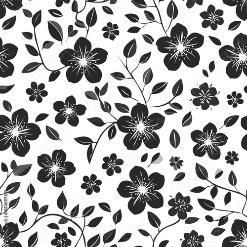 Black cherry blossom floral pattern with leaves and branches white