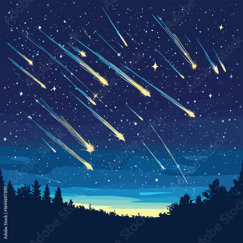 Meteor shower vector clipart isolated, group of falling star radiating from the sky, various shooting stars streams in an atmosphere, vector style simple color