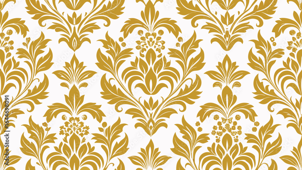 Golden damask floral pattern on white background seamless texture vector