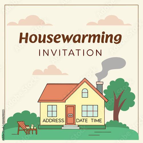 Charming housewarming invitation featuring a cozy home with smoke from the chimney ready for guests to fill in details