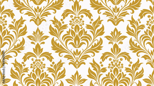 Golden damask floral pattern on white background seamless texture vector