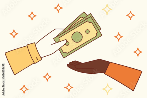 Cartoon Illustration Hand Passing Money to Another Hand Amidst Sparkling Stars Background