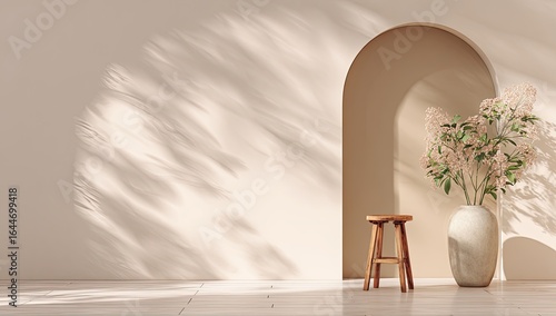 Minimalist interior scene with arched niche, wooden stool, pale vase of dried flowers, and dappled sunlight casting shadows on a light beige wall