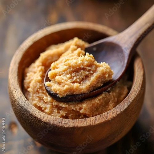 closeup of miso paste in wooden bowl with spoon textured golden brown fermentation detail macro Japanese ingredient photography clean light
