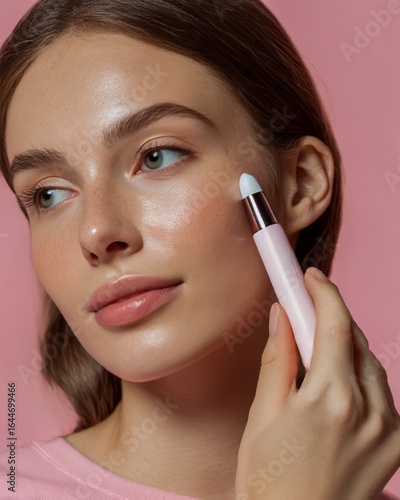 Closeup of a young woman using blackhead remover smooth radiant skin natural beauty look soft lighting isolated on a pastel background premium cosmetic photography