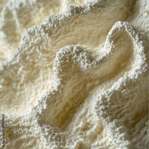closeup of ricotta cheese with fluffy texture and white color, macro dairy photography, isolated light