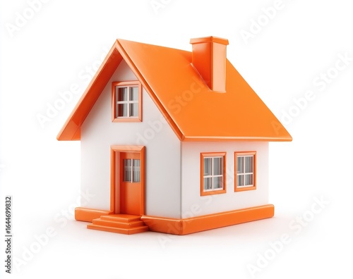 3D model of a small, stylized house.  Orange roof and trim, white walls.  Simple design, front view, isolated on white background