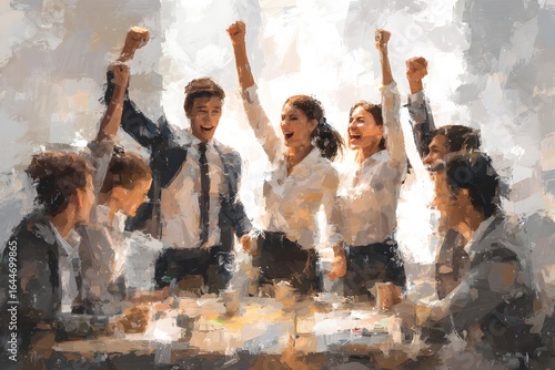 Oil painting style of sales team celebrating marketing success