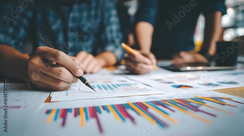 Oil paint effect of team analyzing market research charts on table