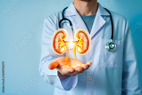 Doctor holding glowing human kidneys in hand image