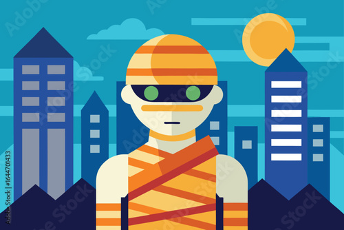 Cartoon Mummy Character Against Cityscape Background, Halloween Illustration With Modern Flat Design Style